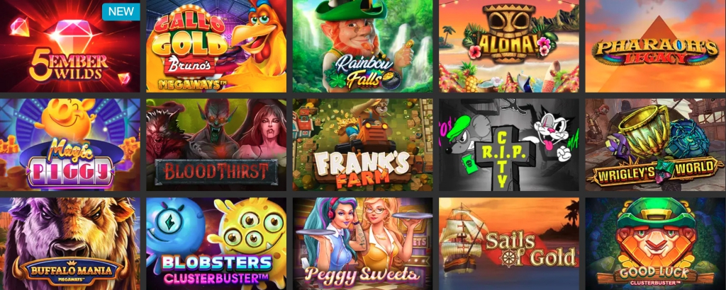 Grid showing casino games Ember Wilds, Gallo Gold Bruno’s Megaways, Rainbow Falls, Aloha!, Pharaoh’s Legacy, Magic Piggy, BloodThirst, Frank’s Farm, RIP City, Wrigley’s World, Buffalo Mania, Blobsters Clusterbuster, Peggy Sweets, Sails of Gold, Good Luck Clusterbuster
