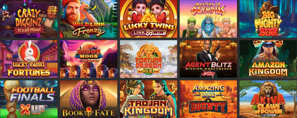 Showing different casino games Crazy Digginz, Wild Link Frenzy, Lucky Twins, Link & Win, Masters of Olympus, Big Mighty Bear, Lucky Rabbit Fortunes, Bison Moon Link & Win, Fortune Dragon, Agent Blitz Mission Moneymaker, Amazon Kingdom, Football Finals, Book of Fate, Trojan Kingdom, Amazing Link Bounty, Akiva Claws of Power