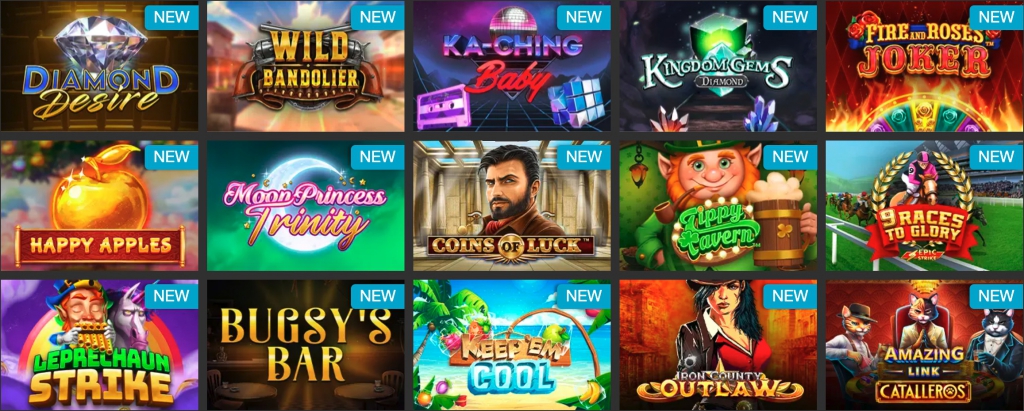 Casino games grid including Diamond Desire, Wild Bandolier, Ka-Ching Baby, Kingdom Gems Diamond, Fire and Roses Joker, Happy Apples, Moon Princess Trinity, Coins of Luck, Tippy Tavern, 9 Races to Glory, Leprechaun Strike, Bugsy’s Bar, Keep Em Cool, Iron County Outlaw, Amazing Link Catalleros