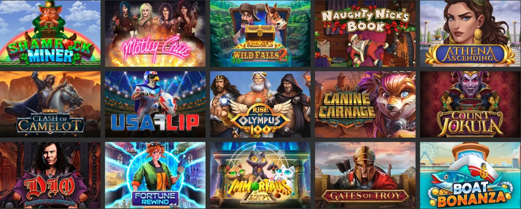 Casino slot games grid showing Shamrock Miner, Motley Crue, Wild Falls, Naughty Nick’s Book, Athena Ascending, Clash of Camelot, USA Flip, Rise of Olympus 100, Canine Carnage, Count Jokula, Dio Killing the Dragon, Fortune Rewind, Immortails, Gates of Troy, Boat Bonanza
